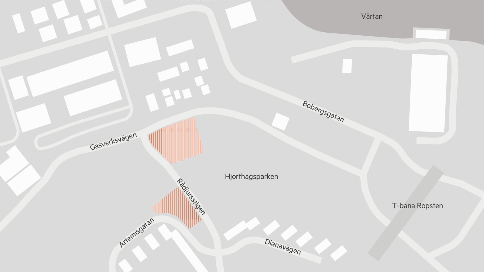 Site plan: two plots on Rådjursstigen between Gasverksvägen and Artemisgatan, beside Hjorthagsparken